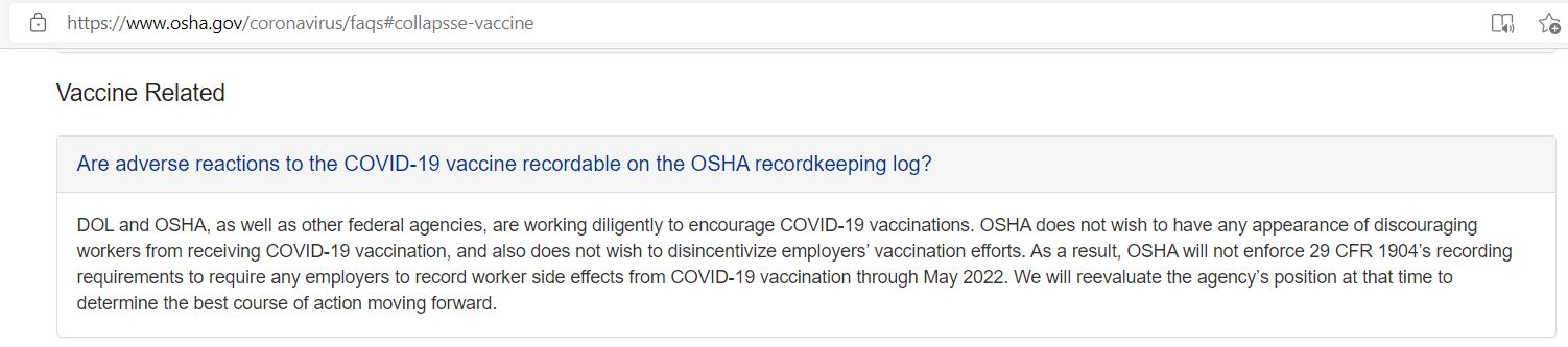 OSHA on collecting adverse effects from vaccination